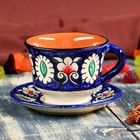 Чайная пара Риштанская Керамика "Цветы", 100 мл, (тарелка 10см, чашка 7,5см), синяя - Фото 2