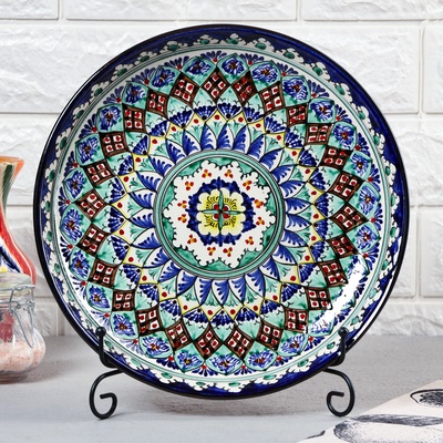 Ляган узбекский Риштанская керамика «Узоры», d=28 см, синий