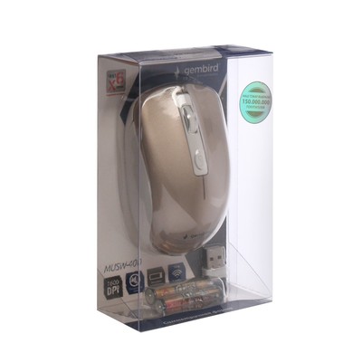 Мышь Gembird MUSW-400, беспроводная, бесшумная, 1600 dpi, 2xAAA, USB, золотистая