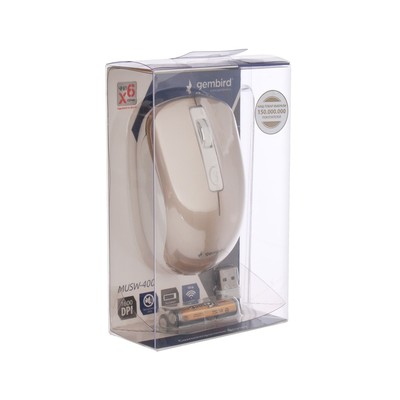 Мышь Gembird MUSW-400, беспроводная, бесшумная, 1600 dpi, 2xAAA, USB, золотистая