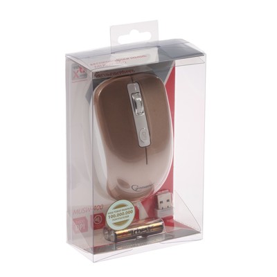 Мышь Gembird MUSW-400, беспроводная, бесшумная, 1600 dpi, 2xAAA, USB, золотистая