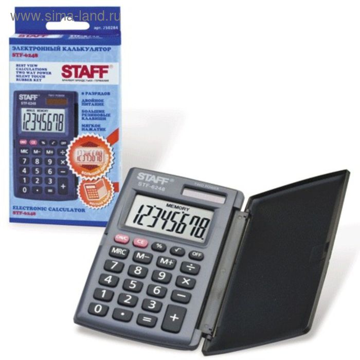 Калькулятор карманный 8-разрядный STAFFSTF-6248, двойное питание, 104х63 мм - Фото 1