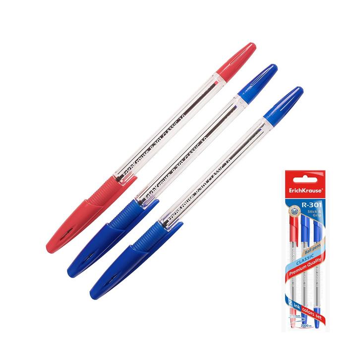 Набор ручек шариковых 3 штуки R-301 Classic Stick&Grip, узел 1.0мм, чернила: синие, красные, резиновый упор, длина линии письма 800м, европодвес - Фото 1