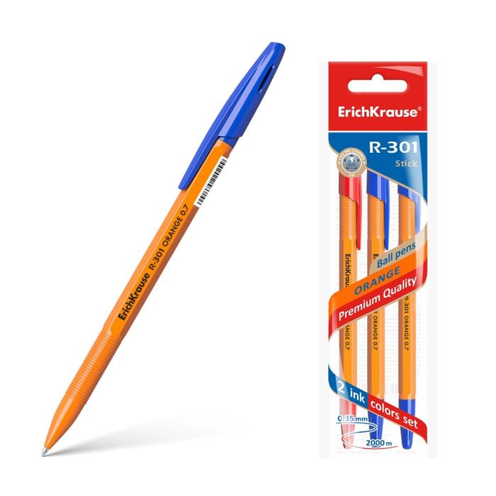 Набор ручек шариковых R-301 Orange Stick, узел 0.7мм, чернила: синие, красные, длина линии письма 2000м, европодвес - Фото 1