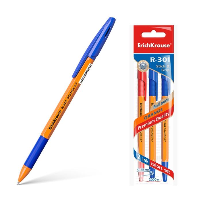 Набор ручек шариковых 3 штуки R-301 Orange Stick&Grip, узел 0.7мм, чернила синие, красные, резиновый упор, длина линии письма 1000м, европодвес - Фото 1
