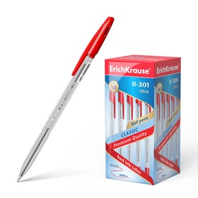 Ручка шариковая Erich Krause R-301 Classic Stick, узел 1.0 мм, чернила красные, длина линии письма 2000 метров, штрихкод на ручке