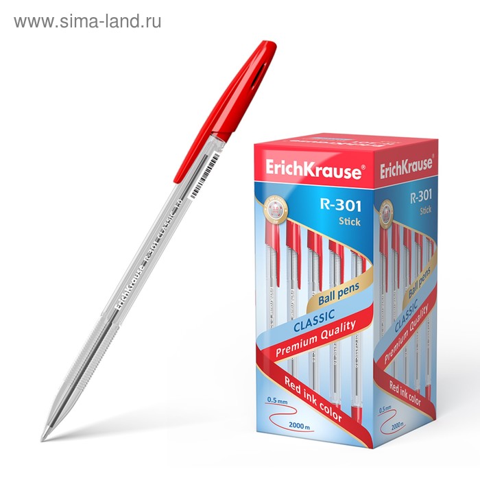 Ручка шариковая Erich Krause R-301 Classic Stick, узел 1.0 мм, чернила красные, длина линии письма 2000 метров, штрихкод на ручке