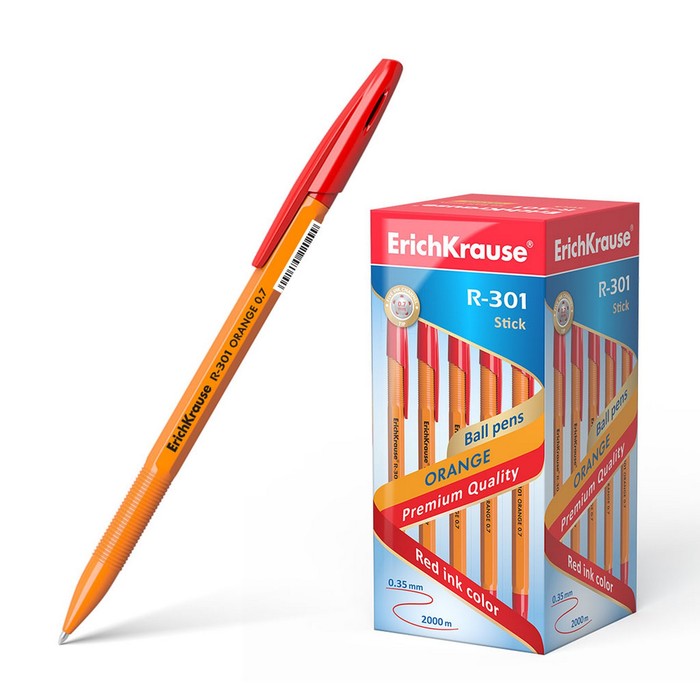Ручка шариковая ErichKrause R-301 Orange Stick, узел 0.7 мм, чернила красные, длина линии письма 2000 метров, штрихкод на ручке - Фото 1