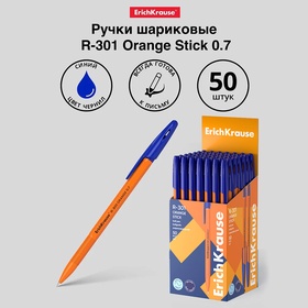 Ручка шариковая ErichKrause R-301 Orange Stick, узел 0.7 мм, чернила синие, длина линии письма 2000 метров, штрихкод на ручке 2288910