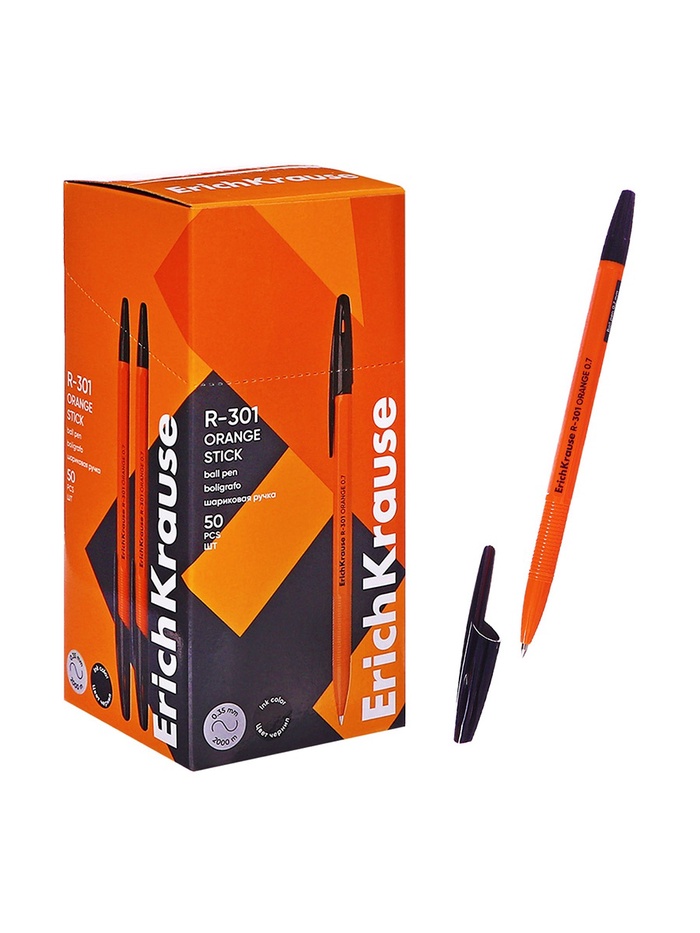 

Ручка шариковая Erich Krause R-301 Orange Stick, узел 0.7 мм, чернила чёрные, длина линии письма 2000 метров, штрихкод на ручке