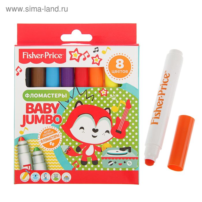 Фломастеры детские 8 цветов Mattel Baby Jumbo Fisher Price, утолщённые, с закругленным наконечником - Фото 1