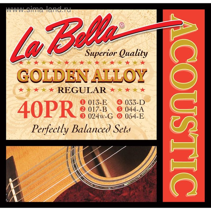 Струны для акустической гитары La Bella 40PR Golden Alloy, Regular, 13-54 - Фото 1