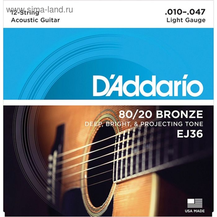 Струны для акустической гитары D`Addario EJ36 BRONZE 80/20 12-srt Light 10-47 - Фото 1