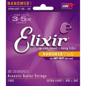 Струны для акустической гитары Elixir 11002 NANOWEB, Extra Light, бронза 80/20, 10-47