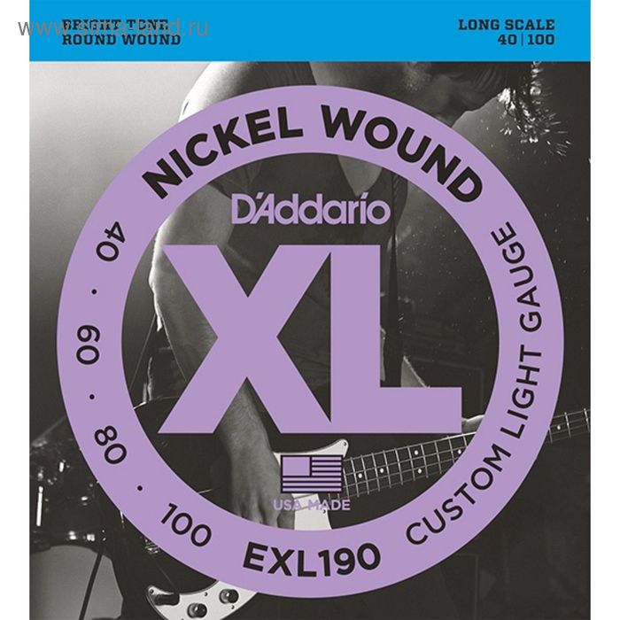 Струны для бас-гитарыD`Addario EXL190 XL NICKEL WOUND  Long Custom Light 40-100 - Фото 1