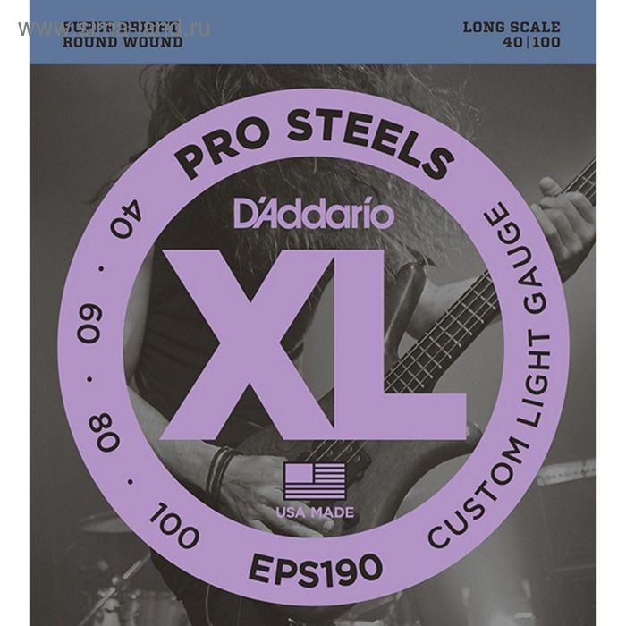 Струны для бас-гитары D'Addario EPS190 ProSteels, Custom Light, 40-100 - Фото 1