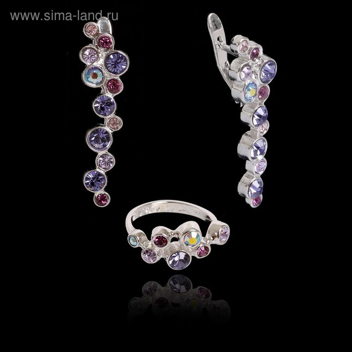 Гарнитур 2 предмета: серьги, кольцо "Меренга", размер 16, цвет фиолетовый в серебре - Фото 1