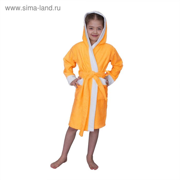 Халат махровый для девочки капюшон + комби/белый, цвет оранжевый, рост 92 - Фото 1
