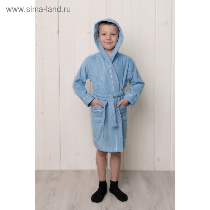 Халат для мальчика с капюшоном, рост 92 см, голубой, махра - Фото 1