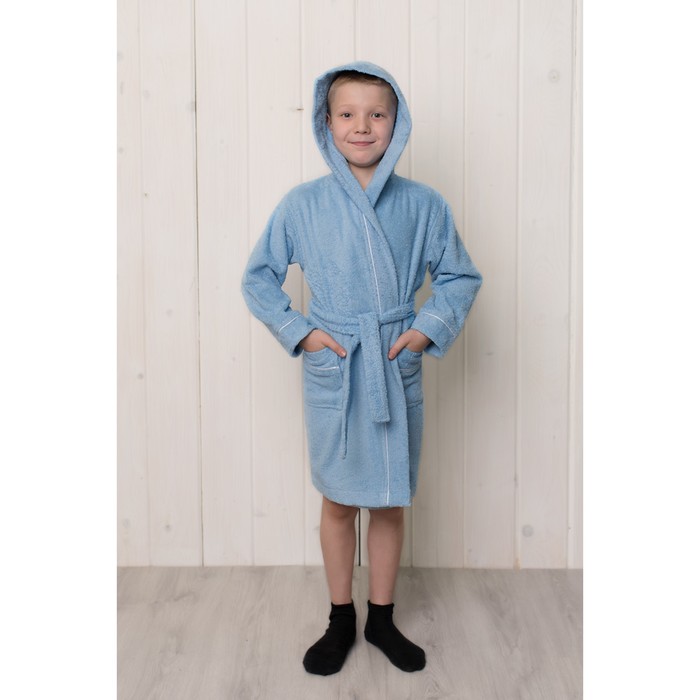 Халат для мальчика с капюшоном, рост 146 см, голубой, махра