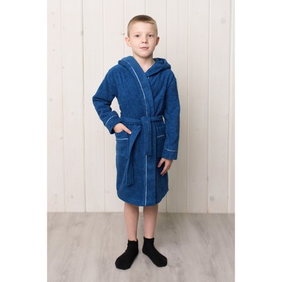 Халат для мальчика с капюшоном, рост 98 см, синий, махра