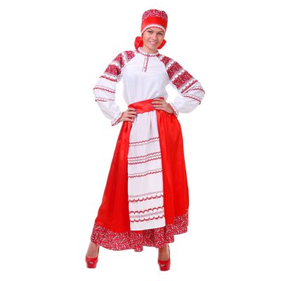 Русский женский костюм, блузка, юбка с фартуком, сорока, цвет красный, р-р 48, рост 172 см
