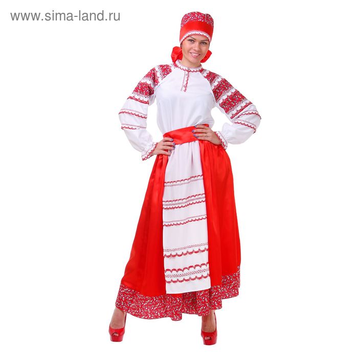 Русский женский костюм, блузка, юбка с фартуком, сорока, цвет красный, р-р 48, рост 172 см - Фото 1