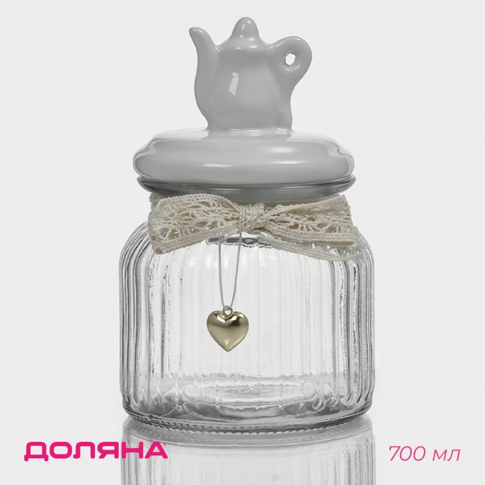 Банка для сыпучих продуктов Доляна «Чайные беседы», 700 мл, 10.7×17 см, с керамической крышкой, стекло, прозрачная - Фото 1