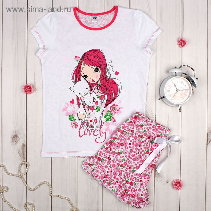 Пижама для девочки: футболка, шорты, рост 134 см, цвет бело-розовый - Фото 1
