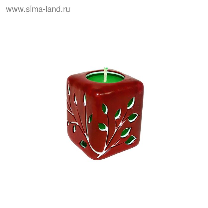 Свеча "Ручная работа" Куб резной 65*55*55 бордово-зеленый - Фото 1