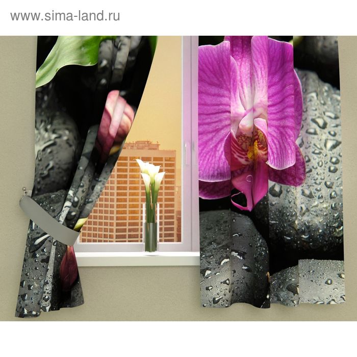 Фотошторы кухонные «Орхидея на камнях», размер 145 х 160 см - 2 шт., габардин