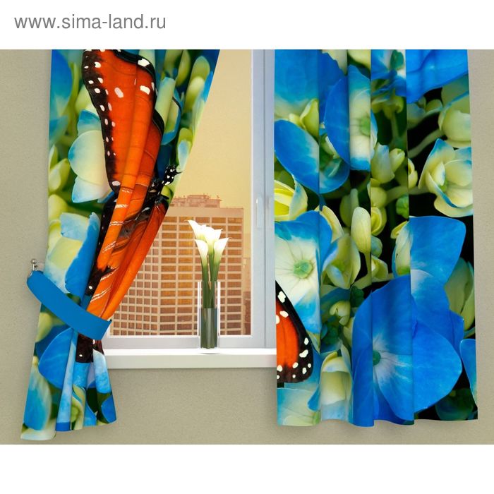 Фотошторы кухонные «Бабочка в цветах», размер 145х160 см - 2 шт, габардин - Фото 1