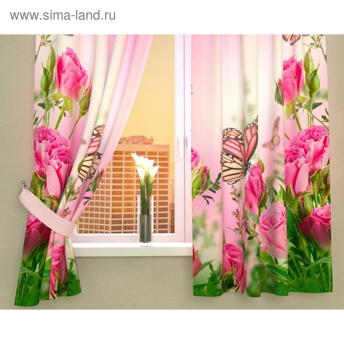 Фотошторы кухонные «Стайка бабочек на розах», размер 145 х 160 см - 2 шт., габардин