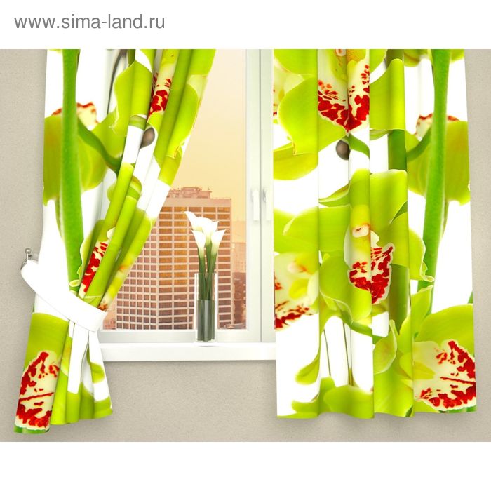 Фотошторы кухонные «Зеленая орхидея», размер 145 х 160 см - 2 шт., габардин