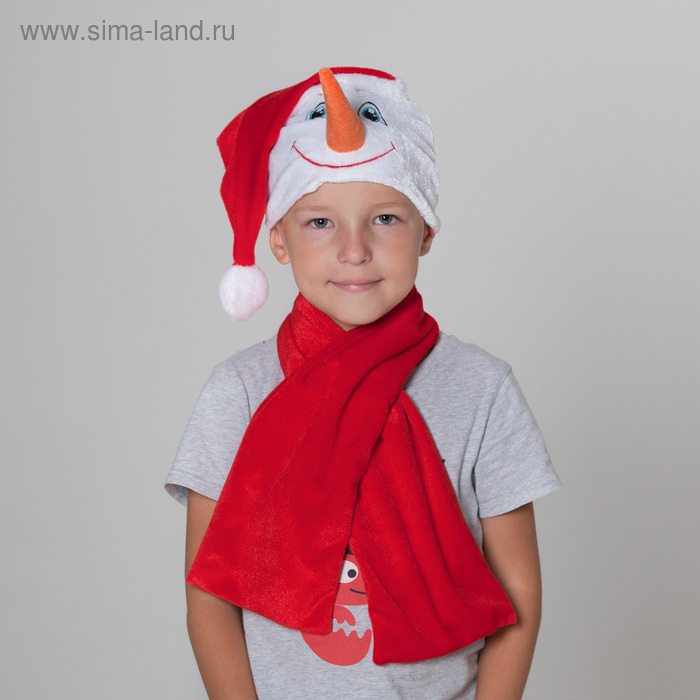 Шапка "Снеговик" в красном колпаке + красный шарф, обхват головы 54-56 см - Фото 1