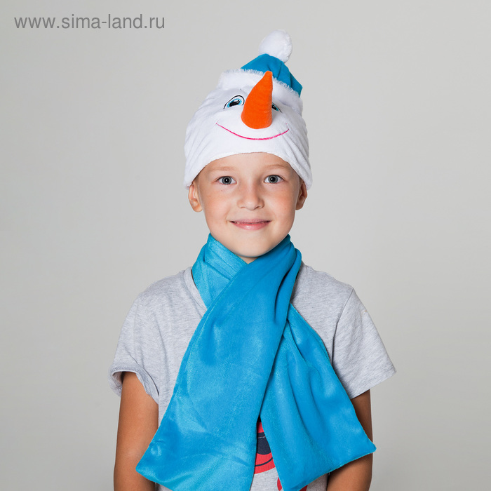 Шапка "Снеговик" в шапочке + голубой шарф, обхват головы 54-56 см - Фото 1