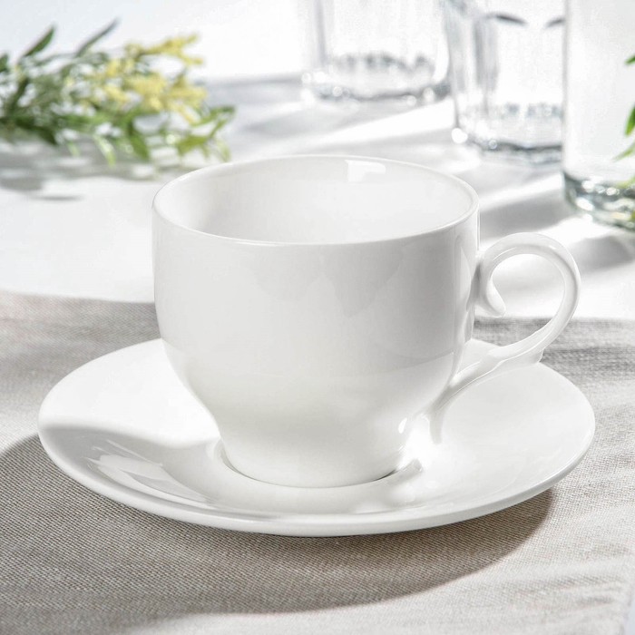 Чайная пара фарфоровая Wilmax, 2 предмета: чашка 330 мл, блюдце d=15,6 см, цвет белый - Фото 1