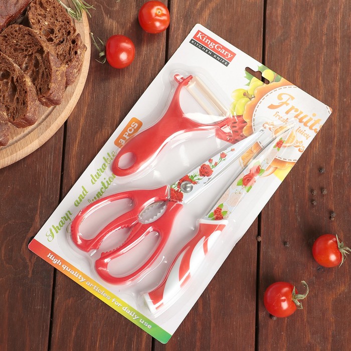 Набор кухонных принадлежностей «Цветение», 3 предмета: нож 12,5 см, ножницы, овощечистка, цвет красный