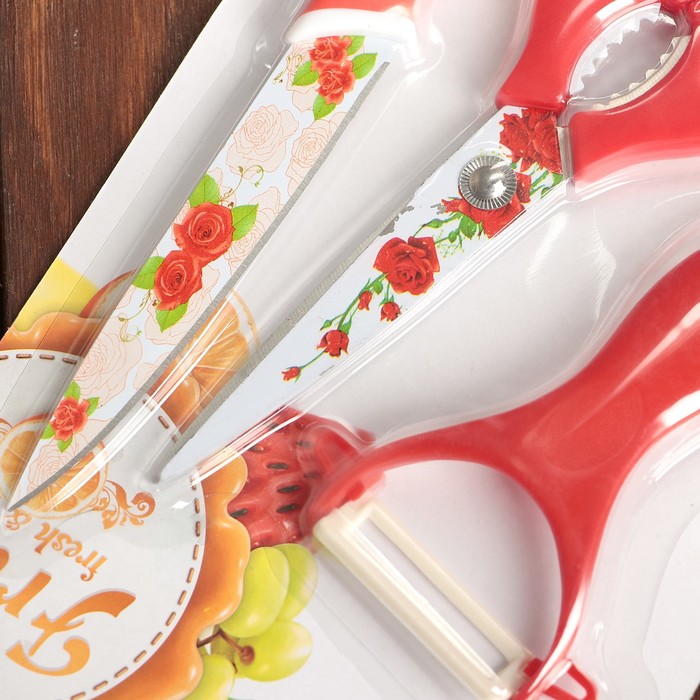 Набор кухонных принадлежностей «Цветение», 3 предмета: нож 12,5 см, ножницы, овощечистка, цвет красный - фото 1906851944