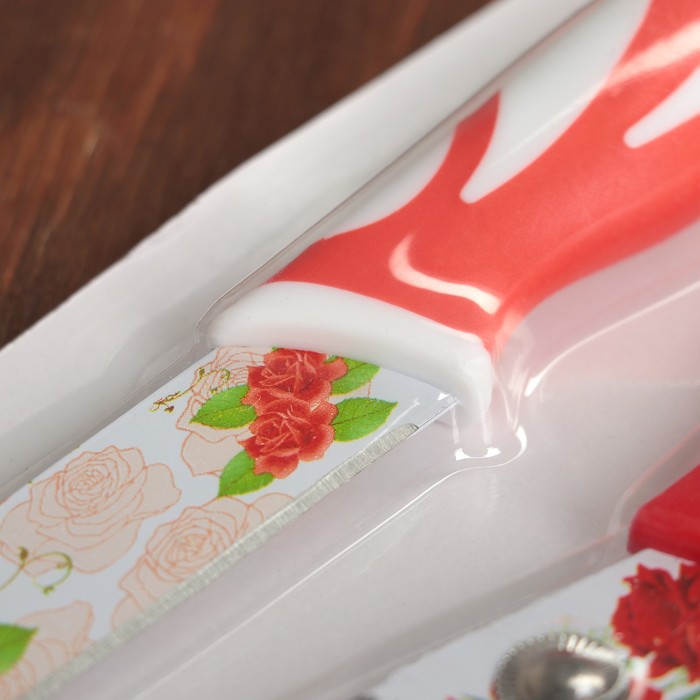 Набор кухонных принадлежностей «Цветение», 3 предмета: нож 12,5 см, ножницы, овощечистка, цвет красный - фото 1906851945