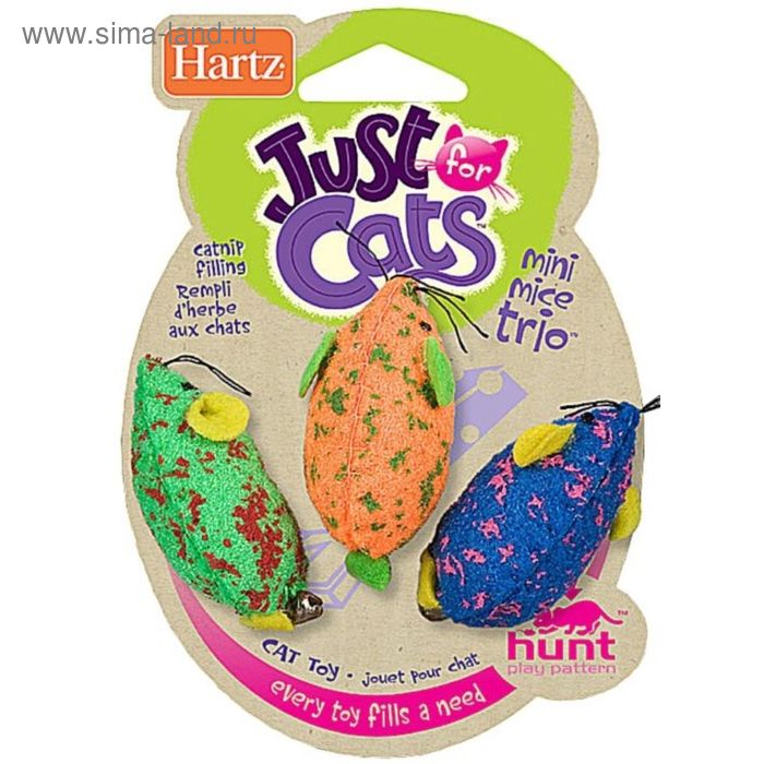 Игрушка для кошек Hartz - Три мышки разноцветные, мягкая - Фото 1