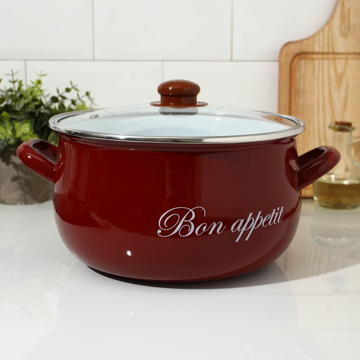 Кастрюля эмалированная «Бордо», 5,7 л, стеклянная крышка, индукция, цвет бордовый - Фото 1