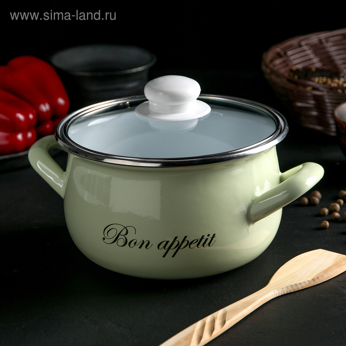 Кастрюля эмалированная «Лайм», 2.1 л, стеклянная крышка, индукция, цвет светло-зелёный - Фото 1