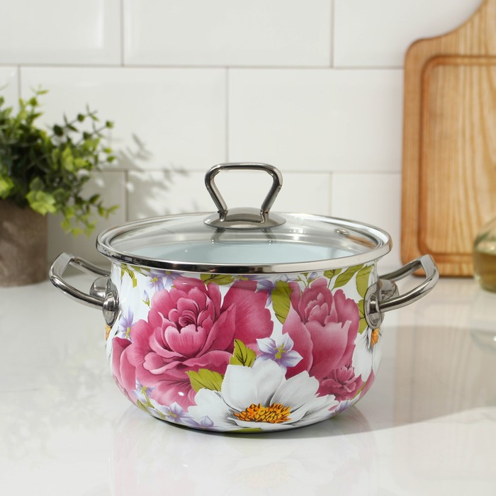 Кастрюля эмалированная «Пион», 2.1 л, стеклянная крышка, индукция - Фото 1