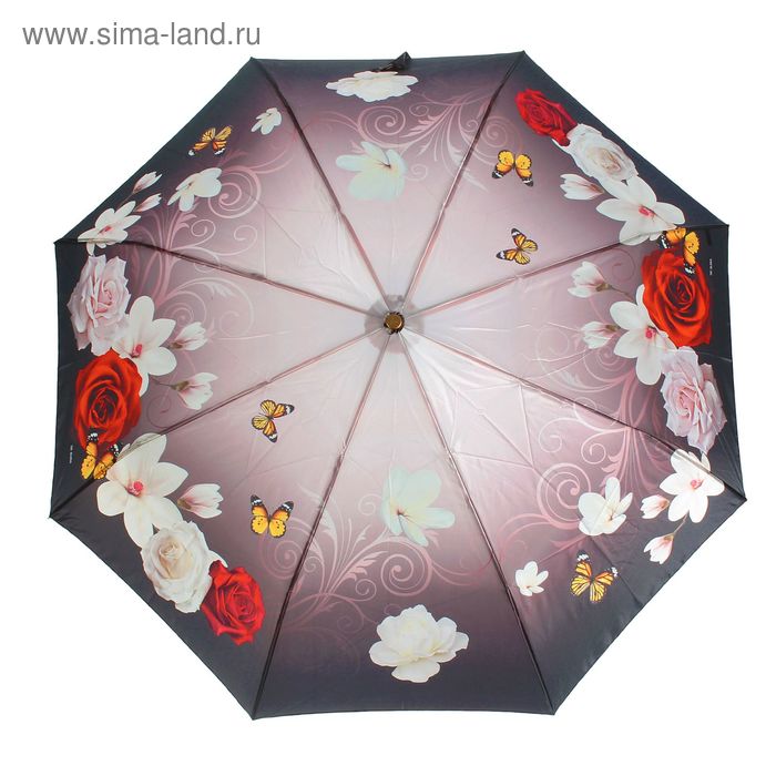 Зонт автоматический "Цветы и бабочки", R=50см, цвет серо-бежевый - Фото 1