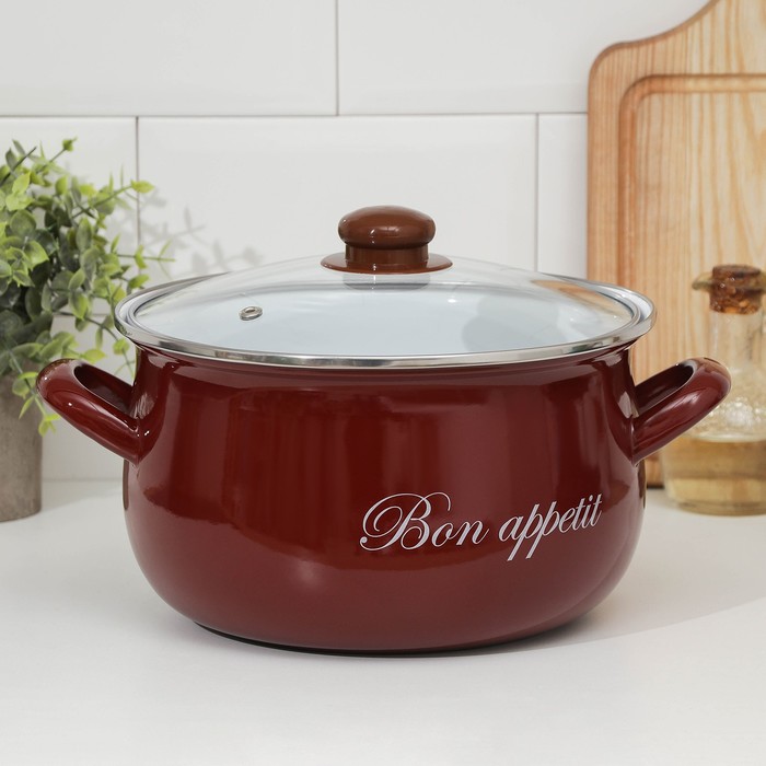 Кастрюля эмалированная «Бордо», 5,1 л, стеклянная крышка, индукция, цвет бордовый - Фото 1