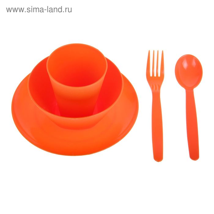 Набор посуды для детей, 5 предметов: тарелка, миска, стакан, ложка и вилка, цвет мандарин - Фото 1
