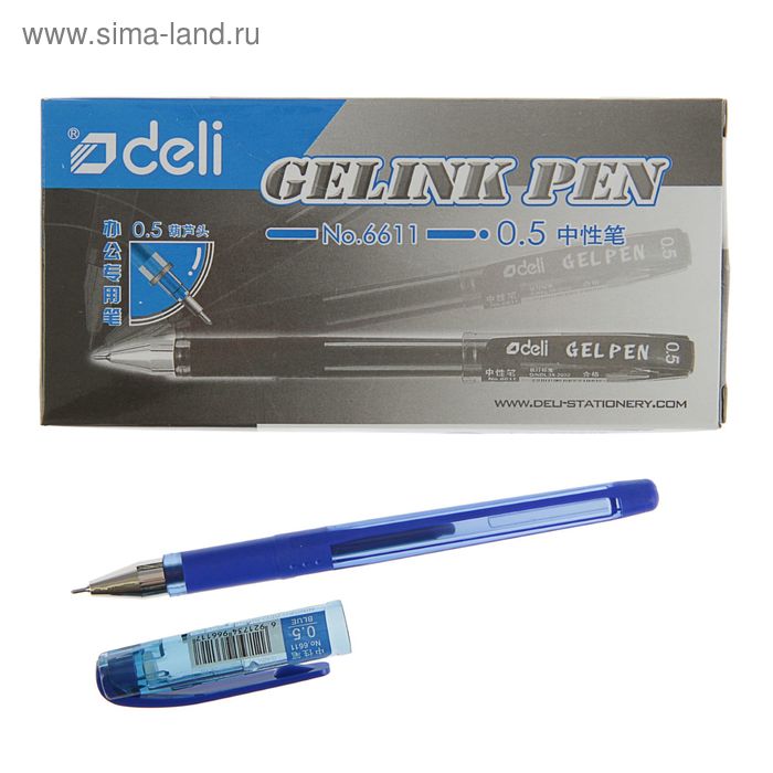 Ручка гелевая 0,5мм синяя, корпус прозрачный с резиновым держателем - Фото 1