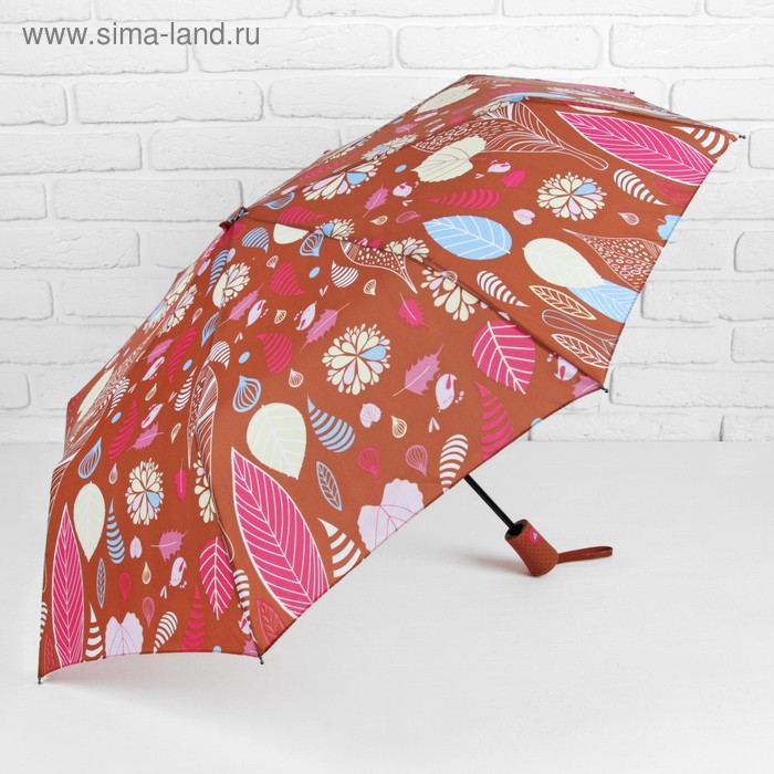 Зонт полуавтоматический «Осень», прорезиненная ручка, 3 сложения, 8 спиц, R = 55 см, цвет коричневый - Фото 1