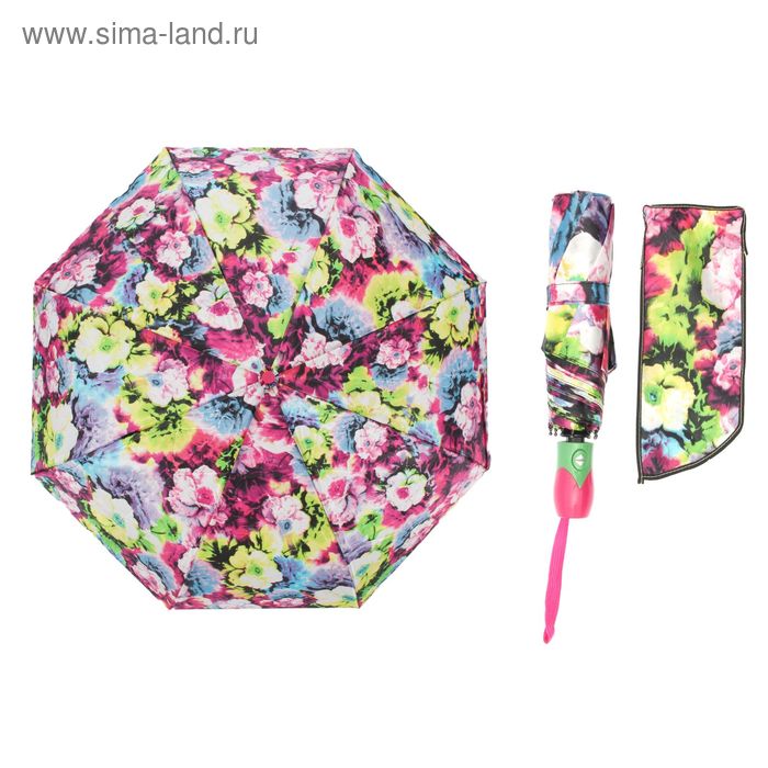 Зонт автоматический "Цветочное ассорти", R=55см, цвет розовый/зелёный - Фото 1